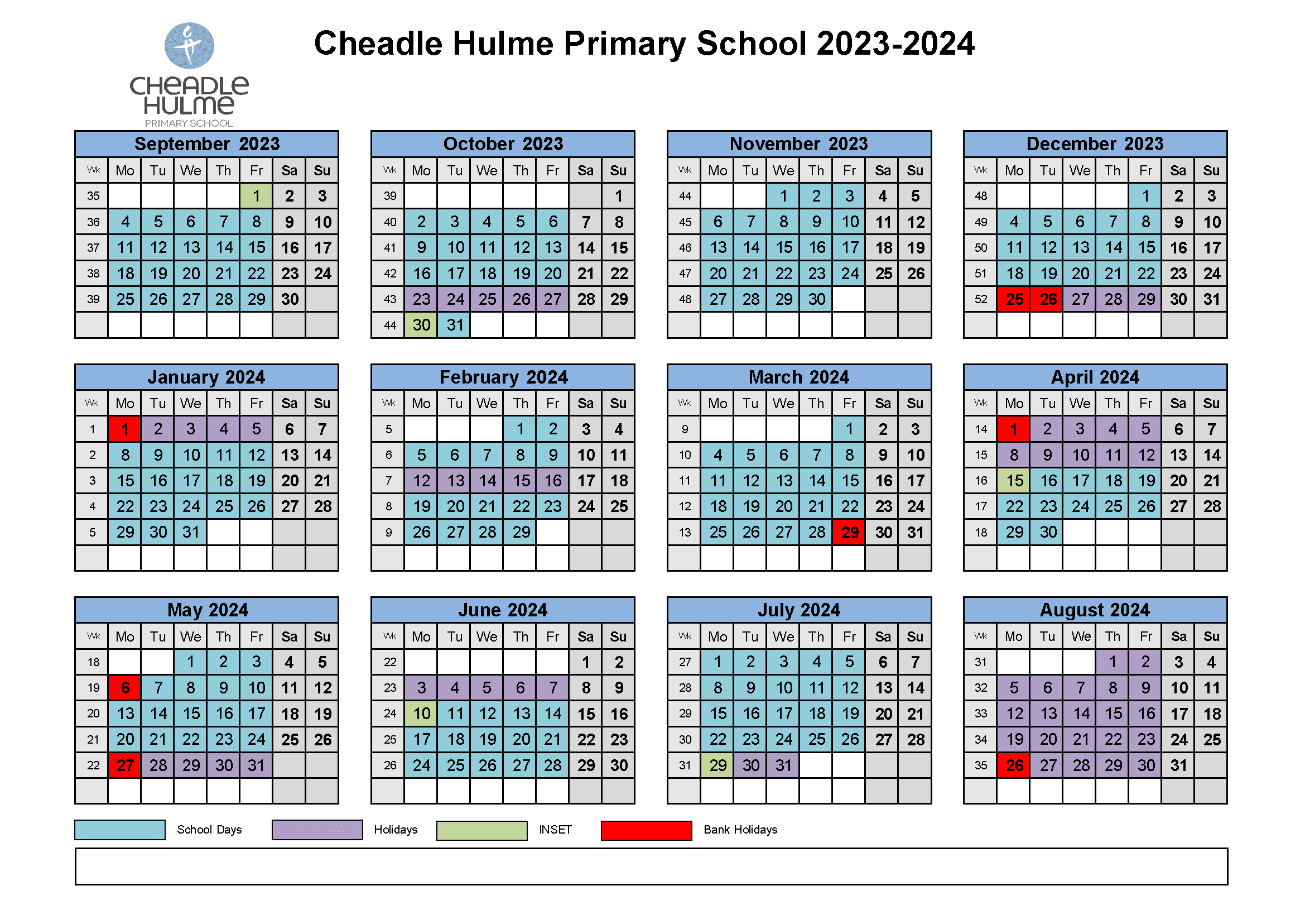 Cheadle Hulme Primary School Academic Calendar view 2023-2024