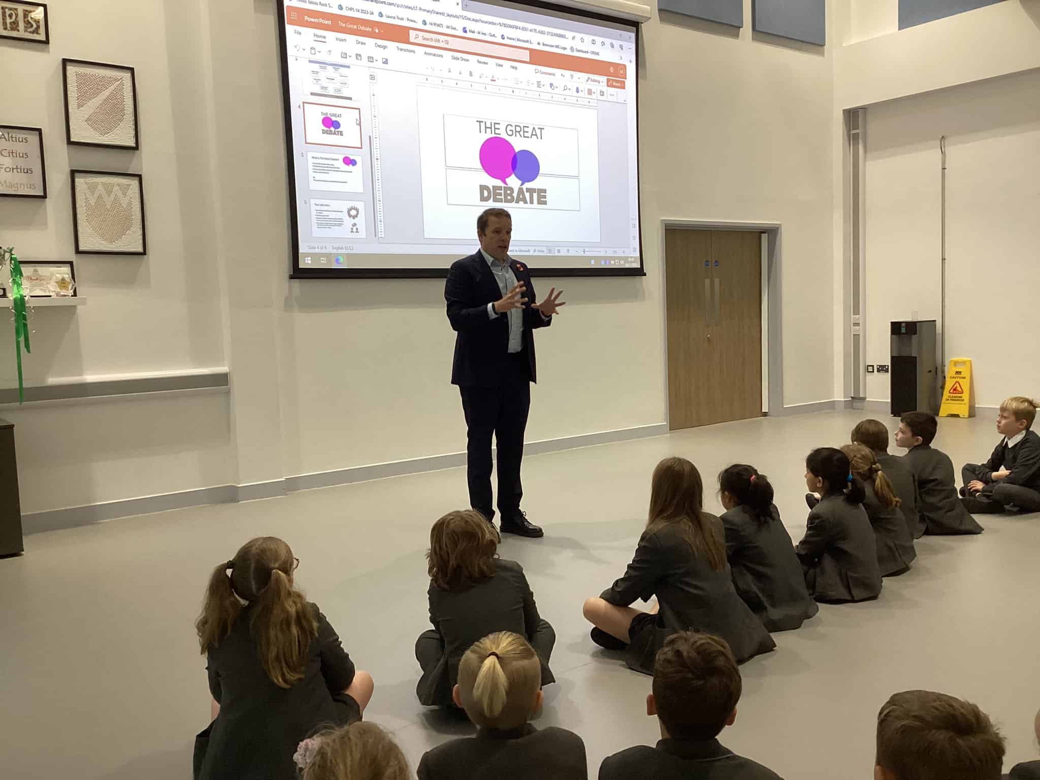 John Morrison giving Cheadle Hulme Primary School pupils a talk for Pupil Parliament Week