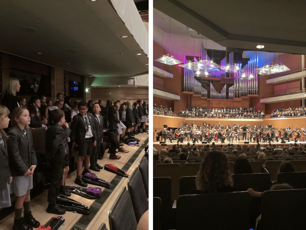 Year 3 and 4 pupils from Cheadle Hulme Primary School play at the Bridgewater Hall in concert with the Hallé Orchestra