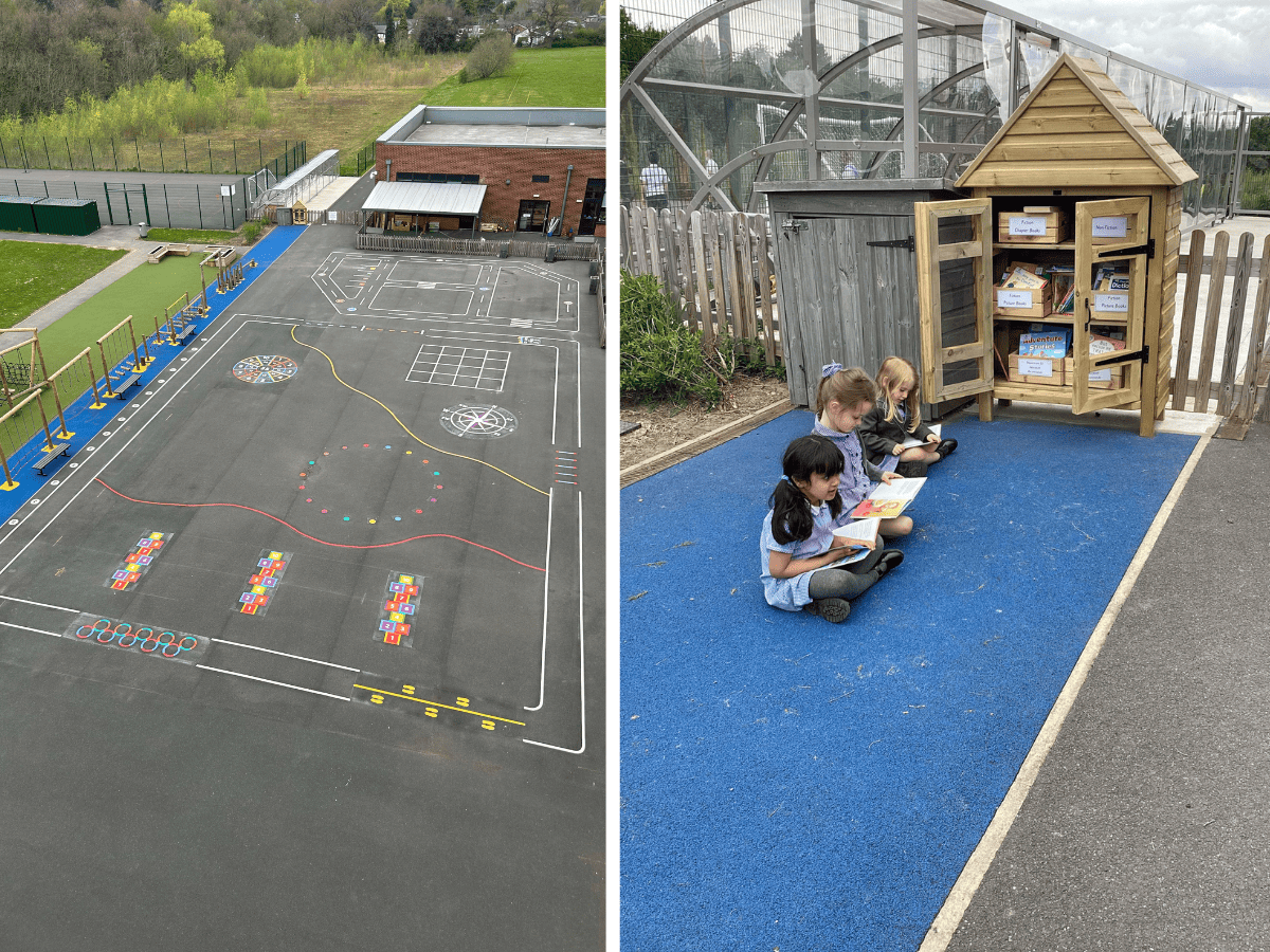 The new playground markings as seen from above, and children in Reception enjoying the new outdoor reading shed at Cheadle Hulme Primary School
