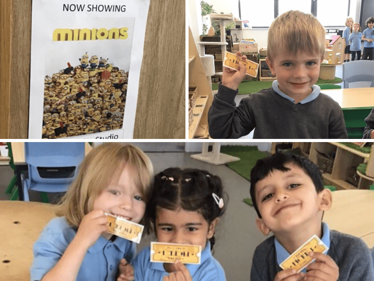 Cheadle Hulme Primary School Pre-School pupils smile and hold their golden tickets as they wait to watch Minions in the studio.