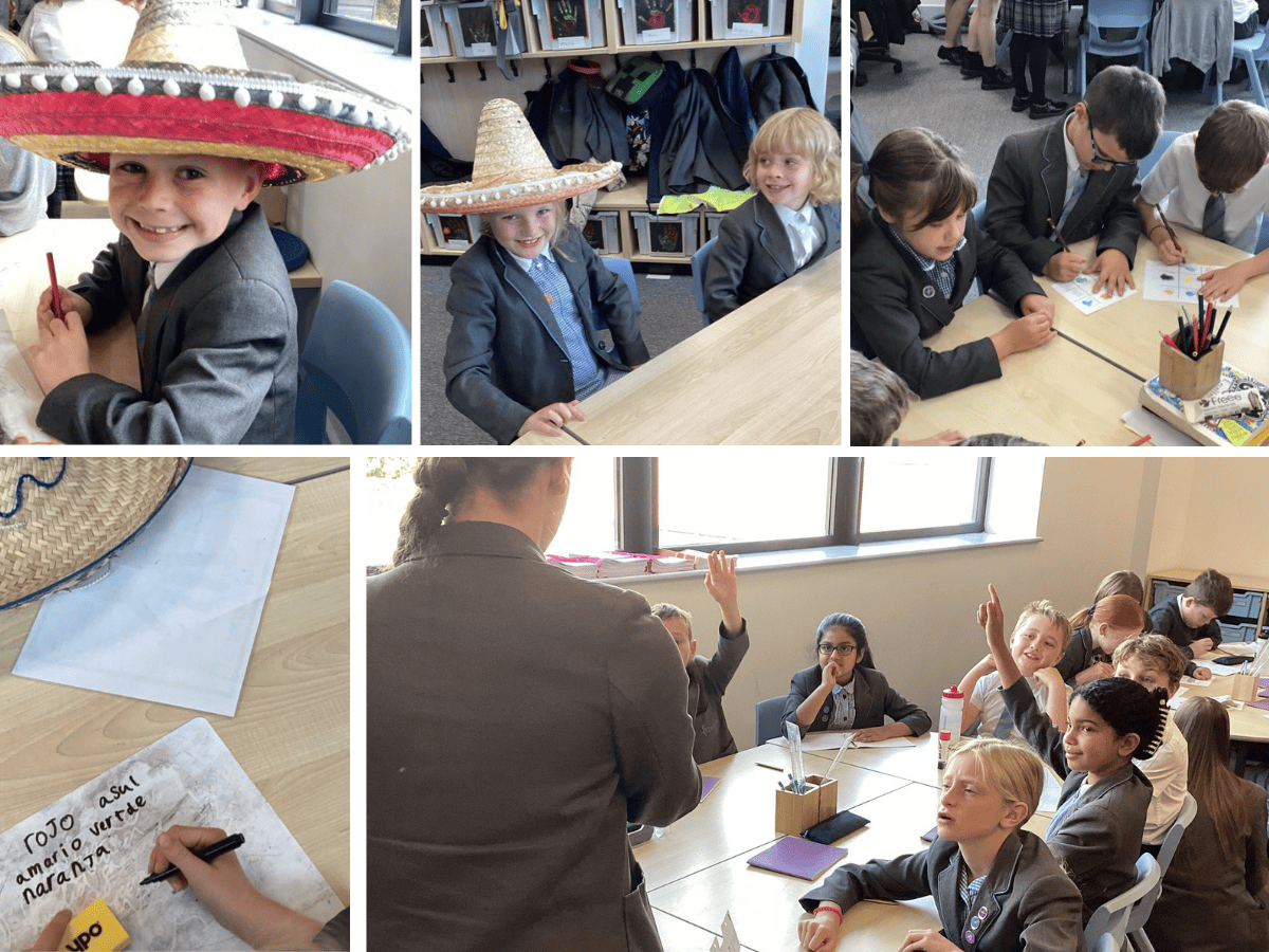 Pupils from Cheadle Hulme Primary School learned Spanish with Laurus Cheadle Hulme students. They wear sombreros and practice writing out some colours in Spanish.