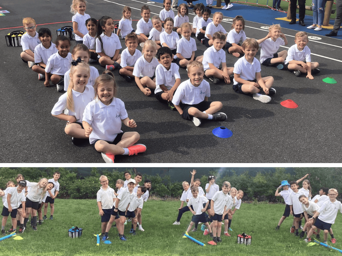 Cheadle Hulme Primary School pupils sit and stand in lines waiting to participate in Sports Day 2023