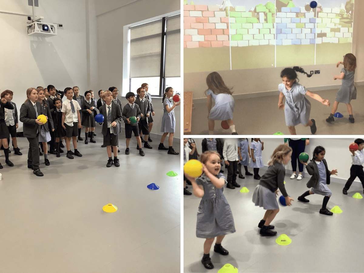 Pupils from Cheadle Hulme Primary School enjoy using the new iSports Wall to learn and exercise.