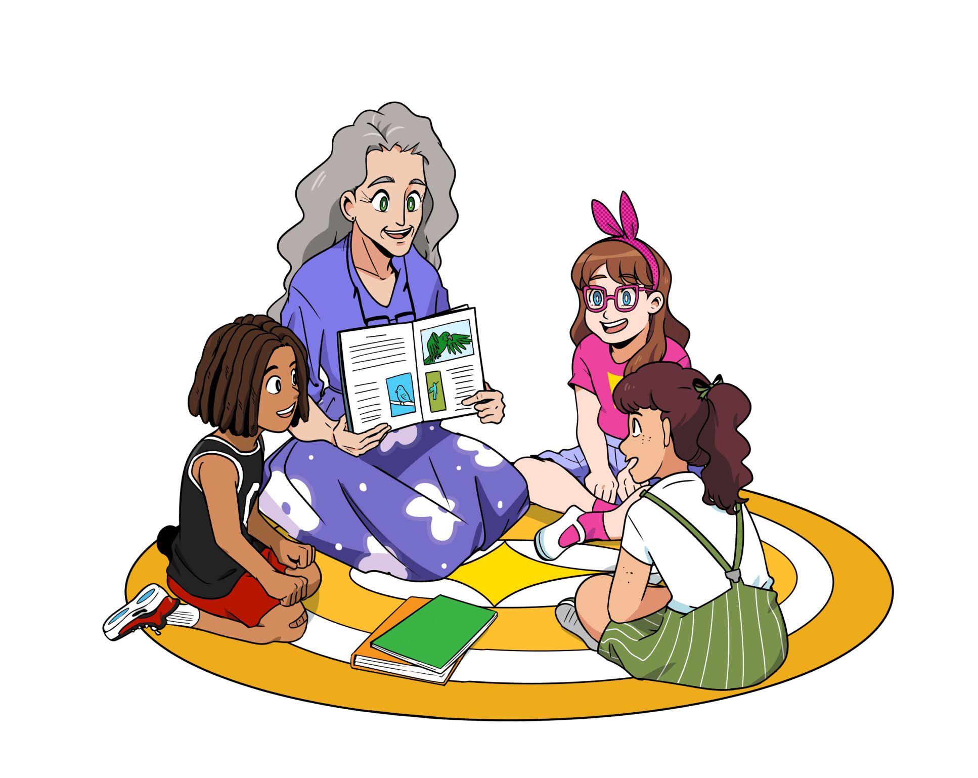 World Book day cartoon/illustration of teacher reading to pupils.